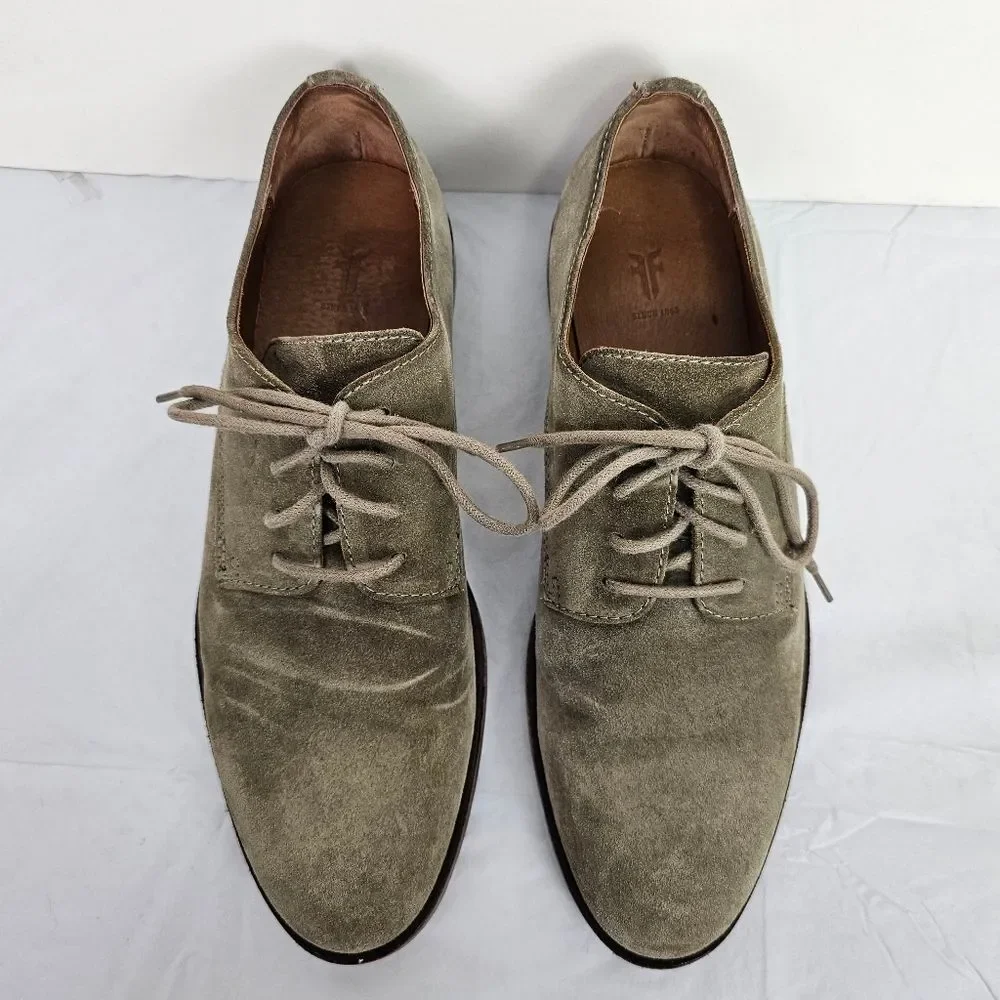 FRYE Oxford Green/Taupe Suede Cap Toe  Lace Up Shoes Sz 8.5 Career Classic